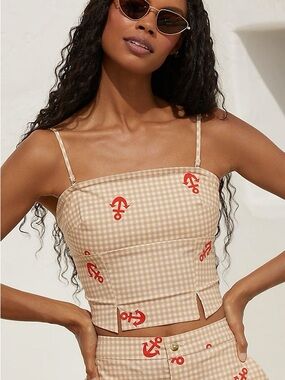 NWT Anthropologie Celandine Beige Gingham Anchor Crop Cami